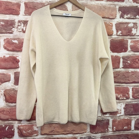 Madewell Sweater Women's S Cream 100% Cashmere V Neck Ribbed Knit Pullover - Picture 2 of 9